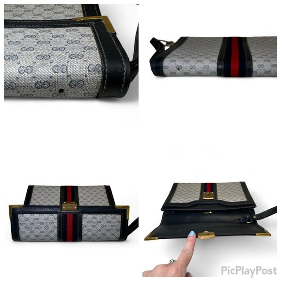 GUCCI Shelly Line Grey and Navy Blue Monogram Canvas Clutch w Stripes, Unisex - Picture 16 of 16
